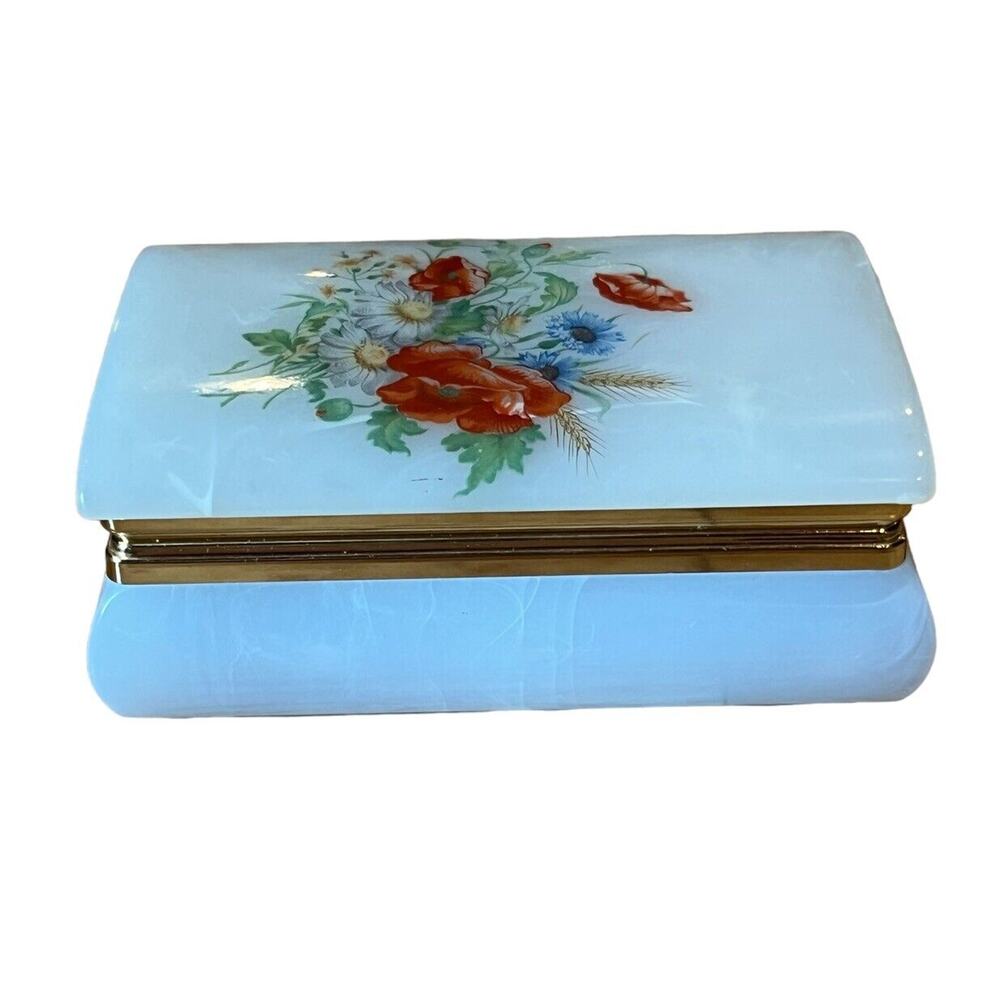 Vintage Italian Art Mark Lucite Trinket Box Celluloid Handpainted Flowers 4.5”